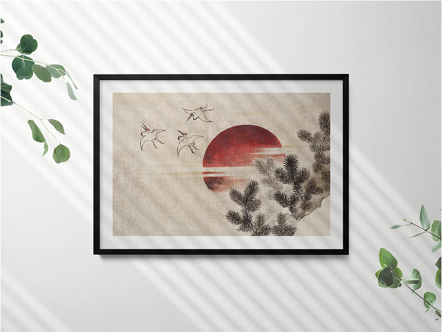 Dekoratives Gemälde mit schwarzem Rahmen, japanische Kunst der untergehenden Sonne 100 x 70 cm – Perfekt für das Wohn- oder Schlafzimmer