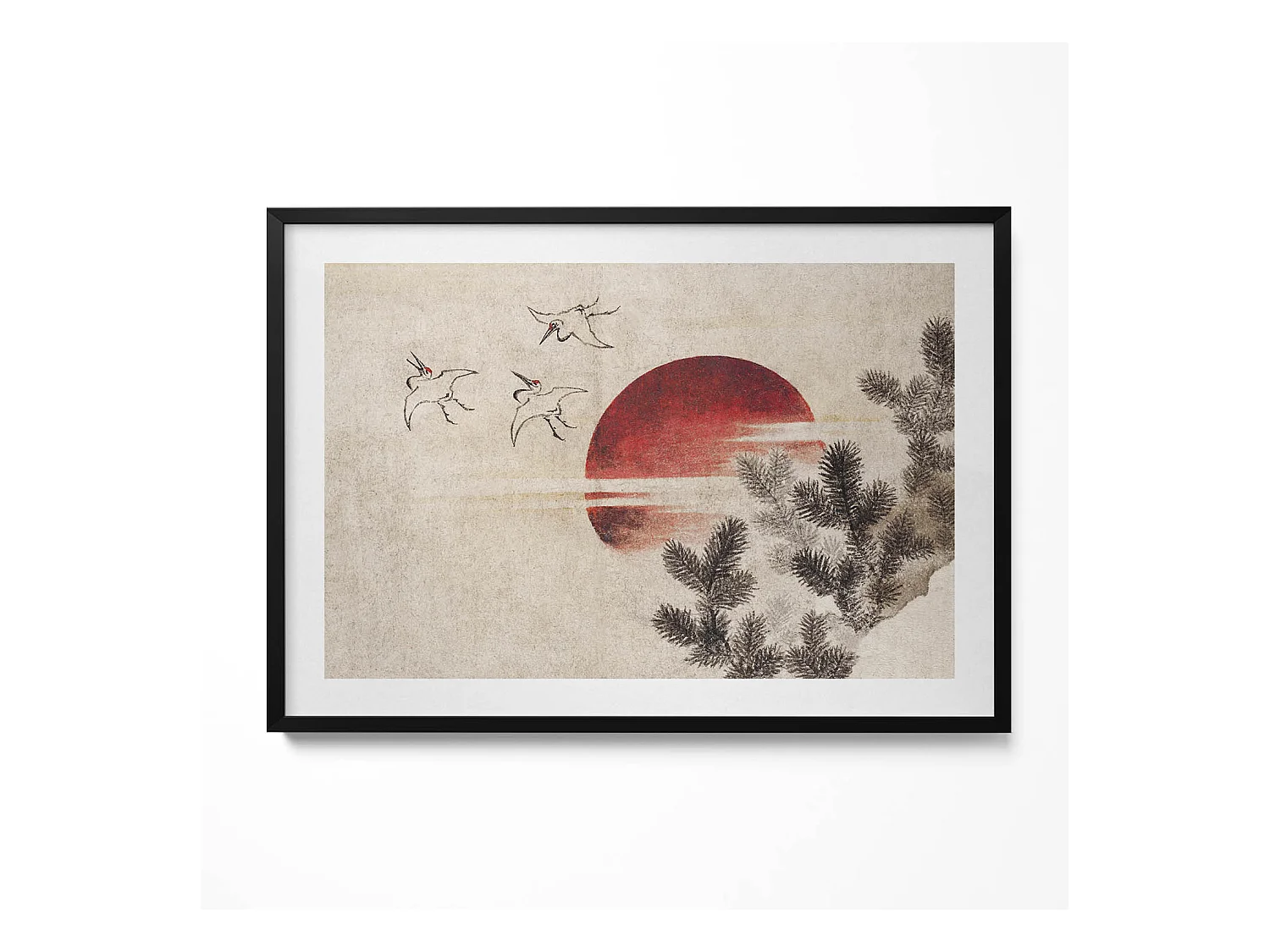 Tableau décoratif avec cadre noir, Art japonais du soleil couchant 100 x 70 cm– Parfait pour le salon ou la chambre