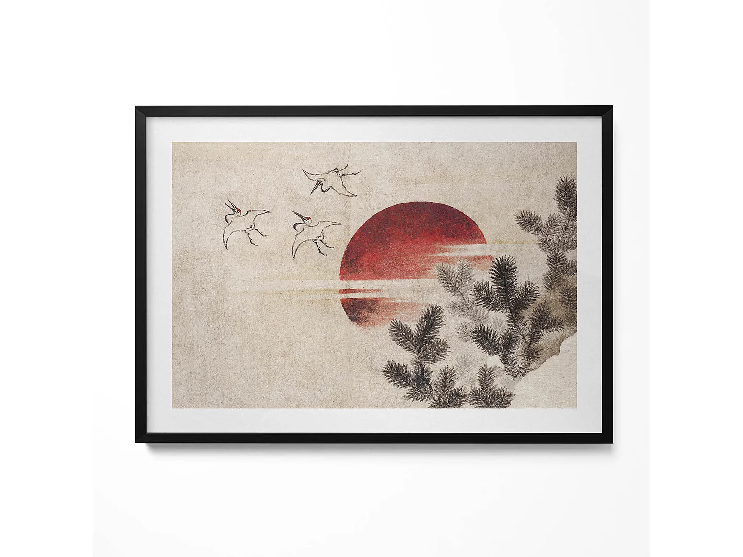 Tableau décoratif avec cadre noir, Art japonais du soleil couchant 100 x 70 cm– Parfait pour le salon ou la chambre