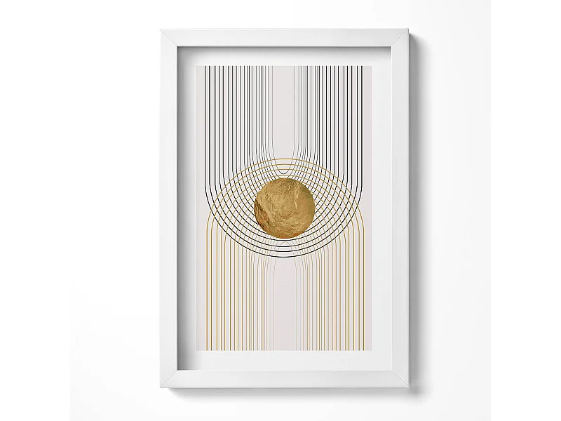 Tableau décoratif avec cadre blanc, Formes dorées fluides sur fond beige 20 x 30 cm – Parfait pour le salon ou la chambre