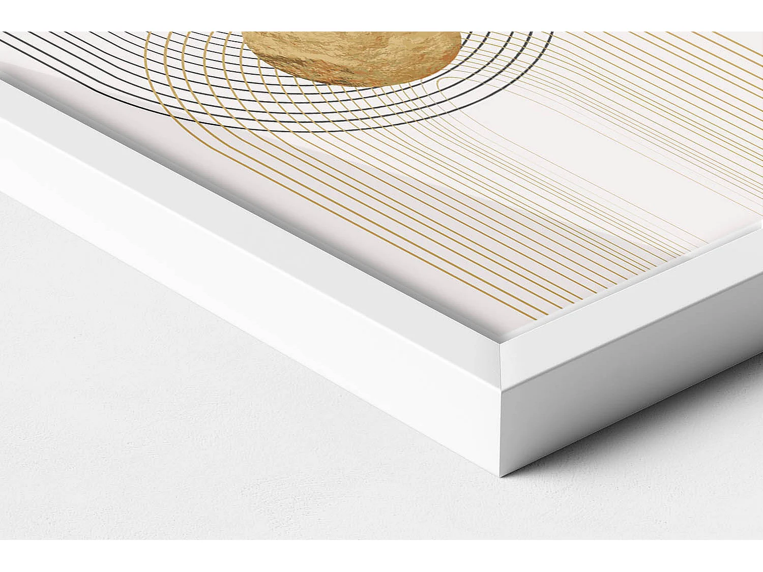 Tableau décoratif avec cadre blanc, Formes dorées fluides sur fond beige 20 x 30 cm – Parfait pour le salon ou la chambre