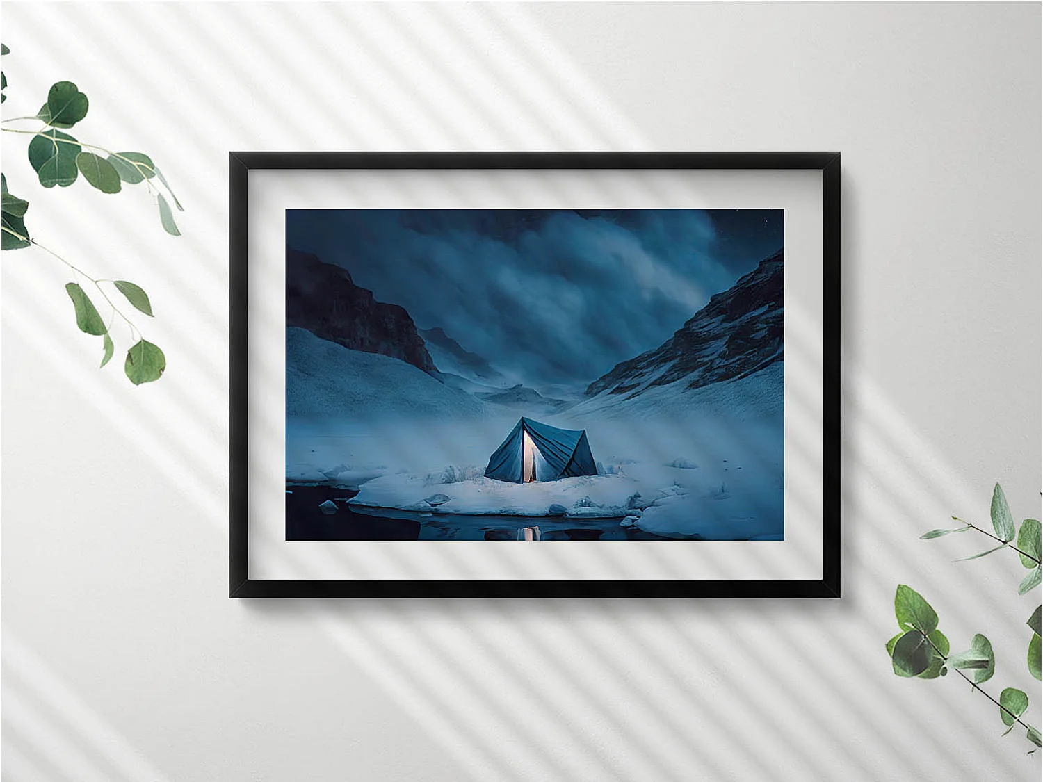 Dekoratives Gemälde mit schwarzem Rahmen, Zelt in den Bergen Islands 70 x 50 cm – Perfekt für das Wohn- oder Schlafzimmer