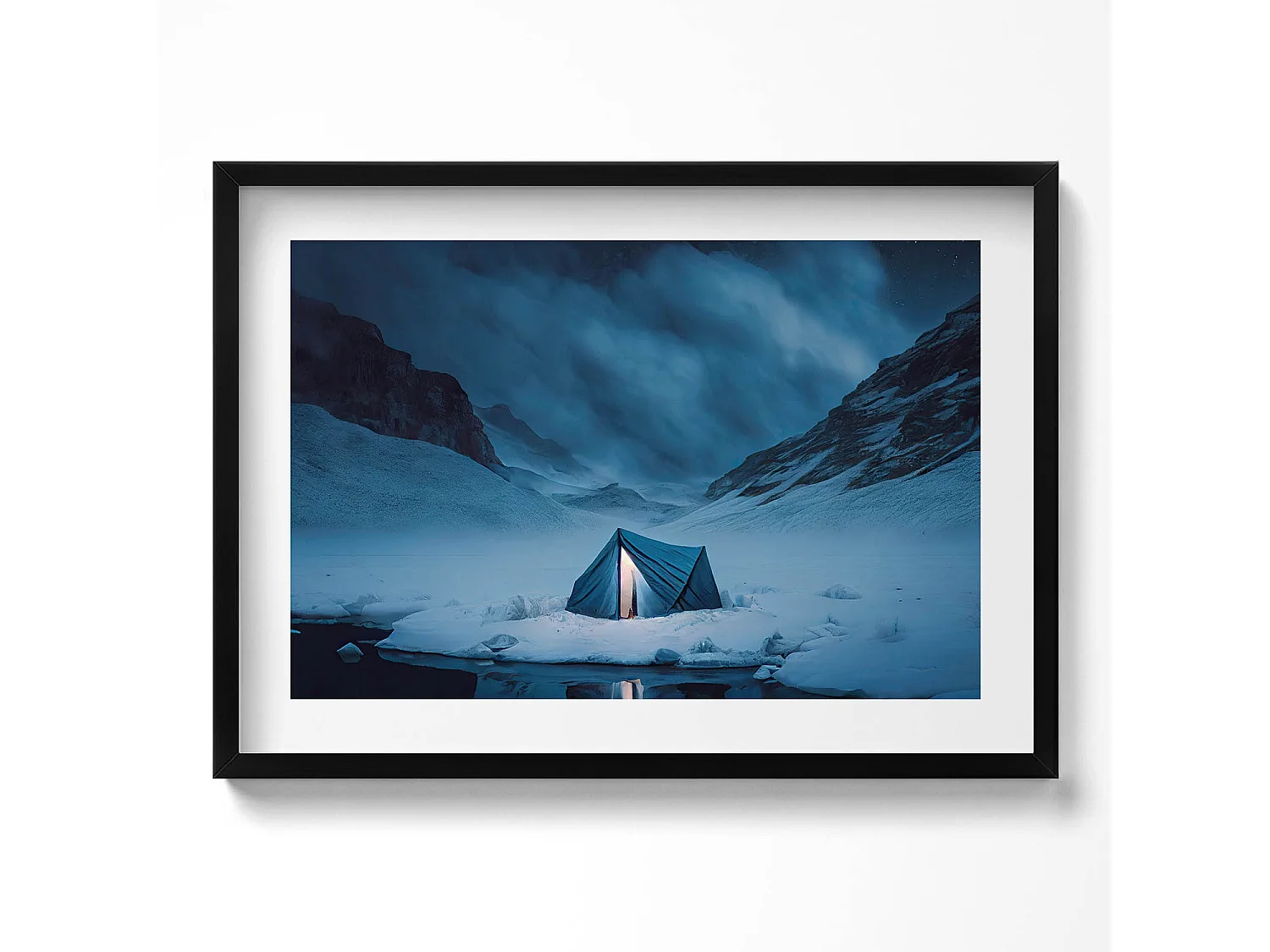 Dekoratives Gemälde mit schwarzem Rahmen, Zelt in den Bergen Islands 70 x 50 cm – Perfekt für das Wohn- oder Schlafzimmer
