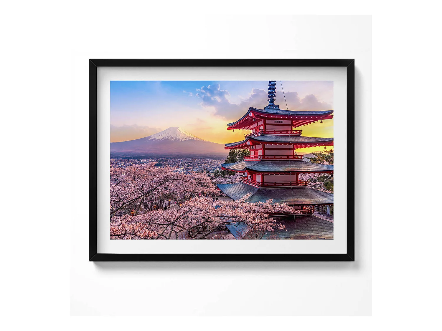Tableau décoratif avec cadre noir, construction japonaise 80 x 60 cm– Parfait pour le salon ou la chambre