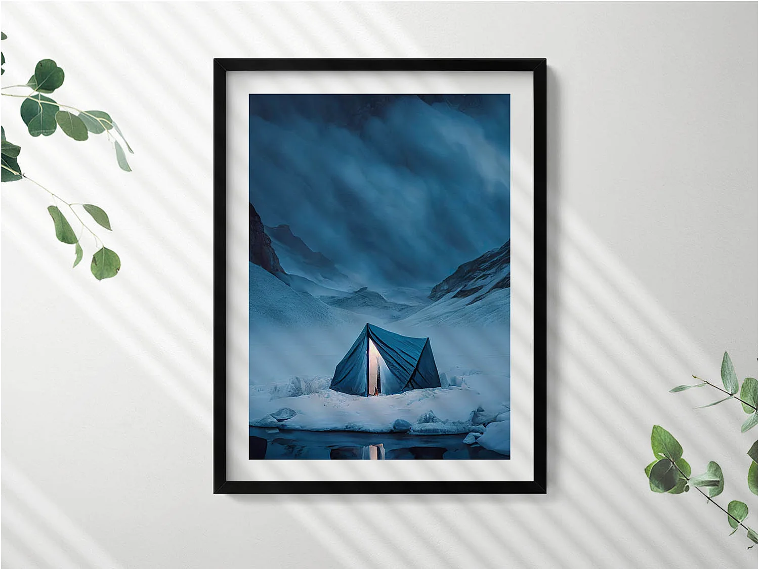 Dekoratives Gemälde mit schwarzem Rahmen, Zelt in den Bergen Islands 60 x 80 cm – Perfekt für das Wohn- oder Schlafzimmer