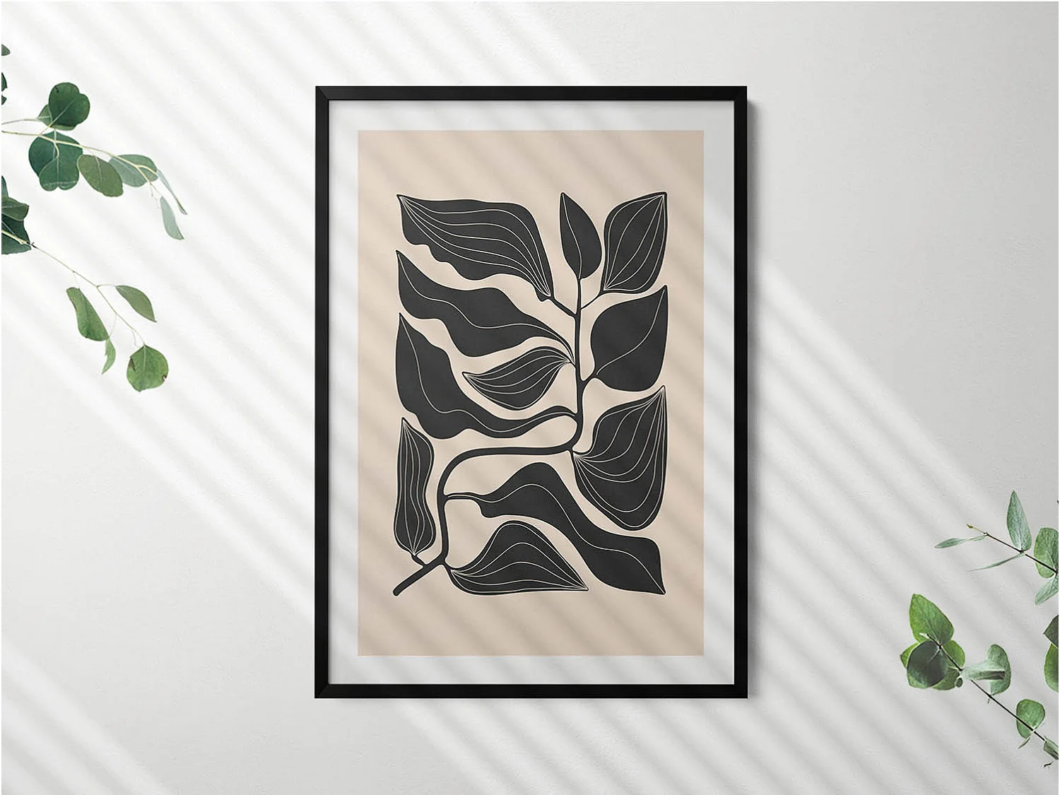 Tableau décoratif avec cadre noir, Plantes minimalistes 70 x 100 cm– Parfait pour le salon ou la chambre