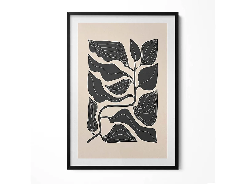 Dekoratives Gemälde mit schwarzem Rahmen, minimalistische Pflanzen 70 x 100 cm – perfekt für das Wohn- oder Schlafzimmer