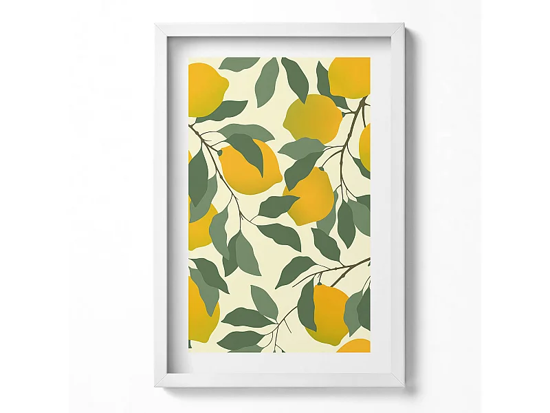 Tableau décoratif avec cadre blanc, Illustration de citrons 40 x 60 cm– Parfait pour le salon ou la chambre