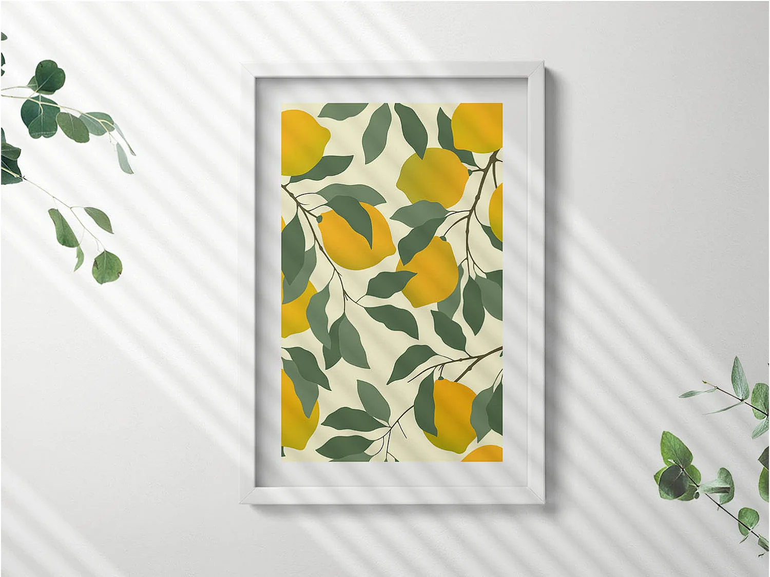 Dekoratives Gemälde mit weißem Rahmen, Illustration von Zitronen 40 x 60 cm – Perfekt für das Wohn- oder Schlafzimmer