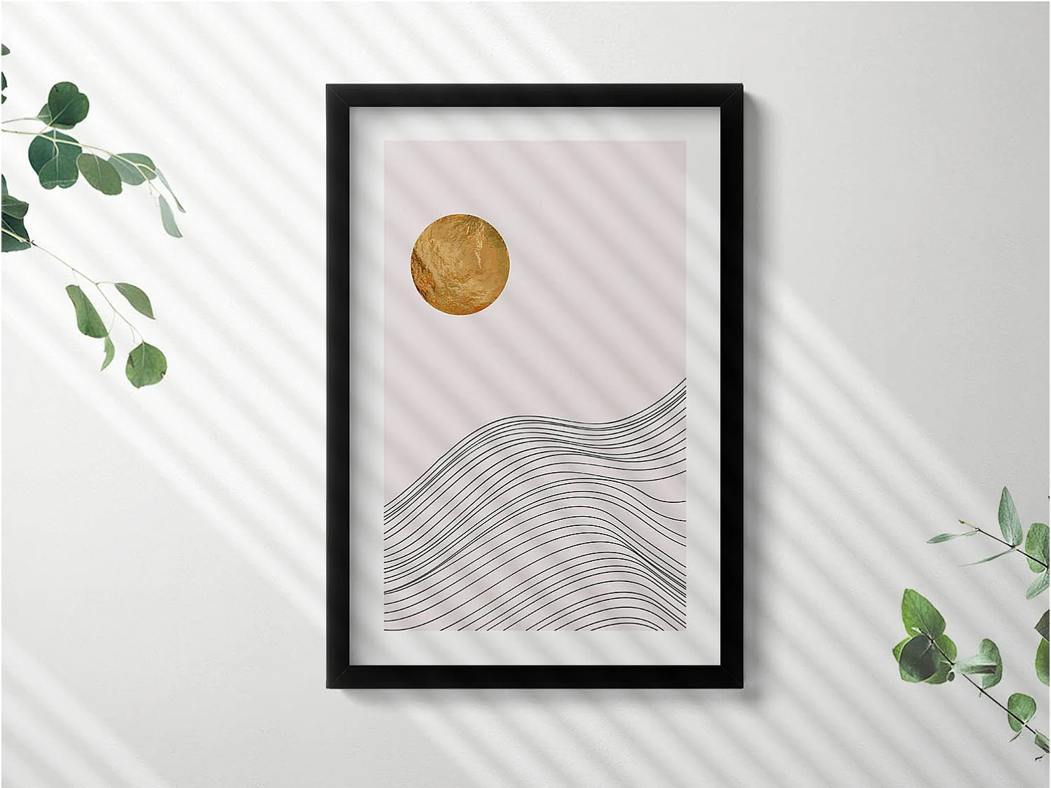 Decoratief schilderij met zwarte lijst, minimalistische abstractie met gouden details 40 x 60 cm – Perfect voor de woon- of slaapkamer