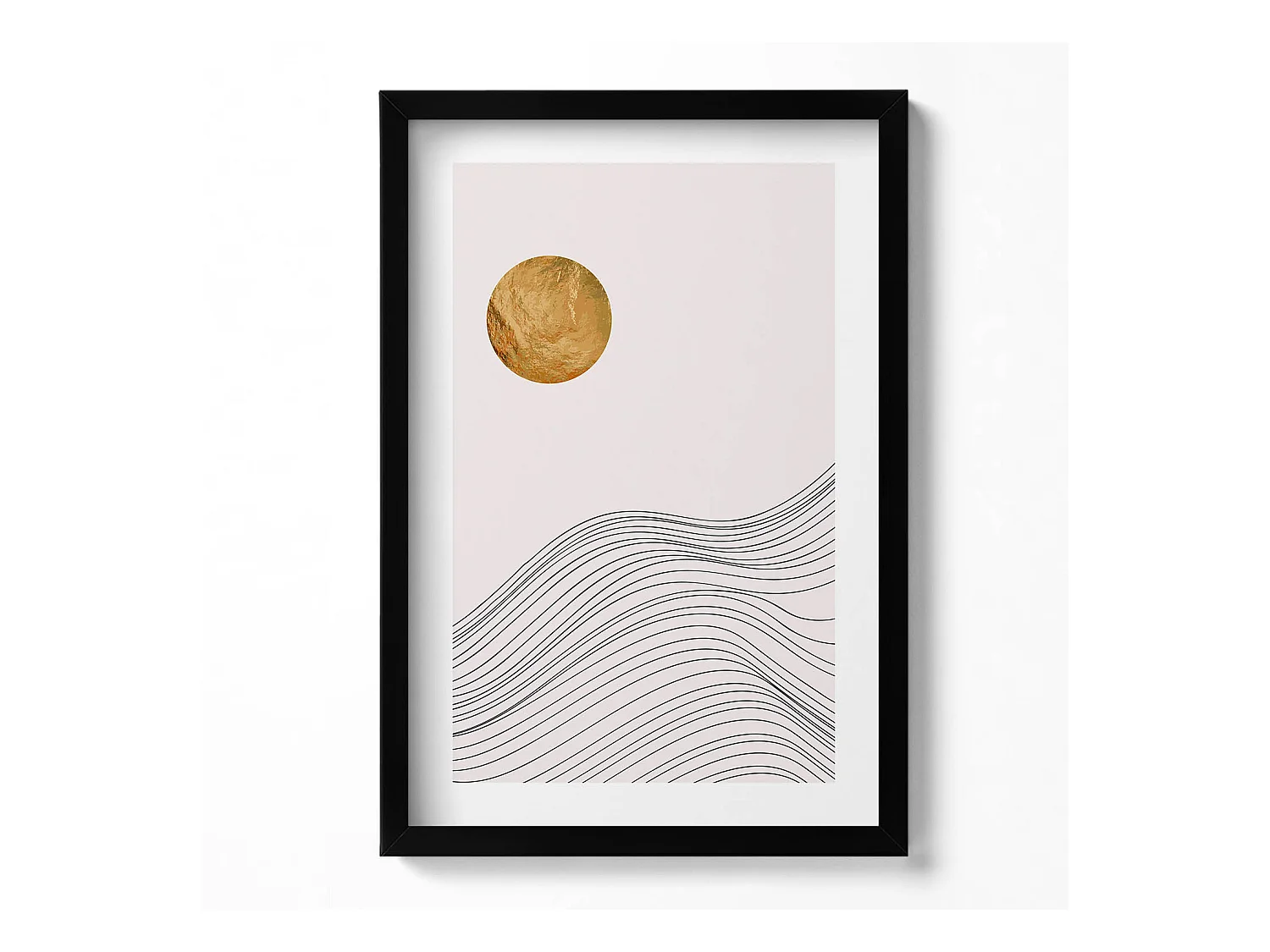 Dekoratives Gemälde mit schwarzem Rahmen, minimalistische Abstraktion mit goldenen Details 40 x 60 cm – perfekt für das Wohn- oder Schlafzimmer