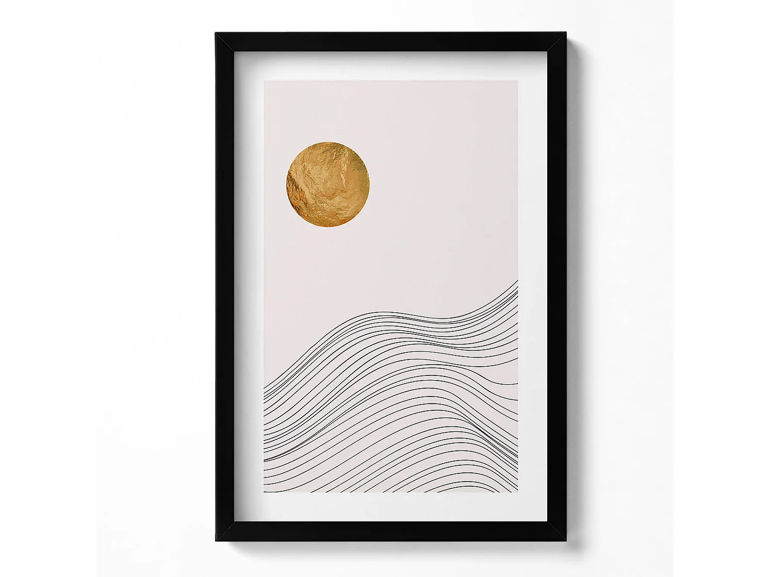 Tableau décoratif avec cadre noir, Abstraction minimaliste avec détails dorés 40 x 60 cm– Parfait pour le salon ou la chambre