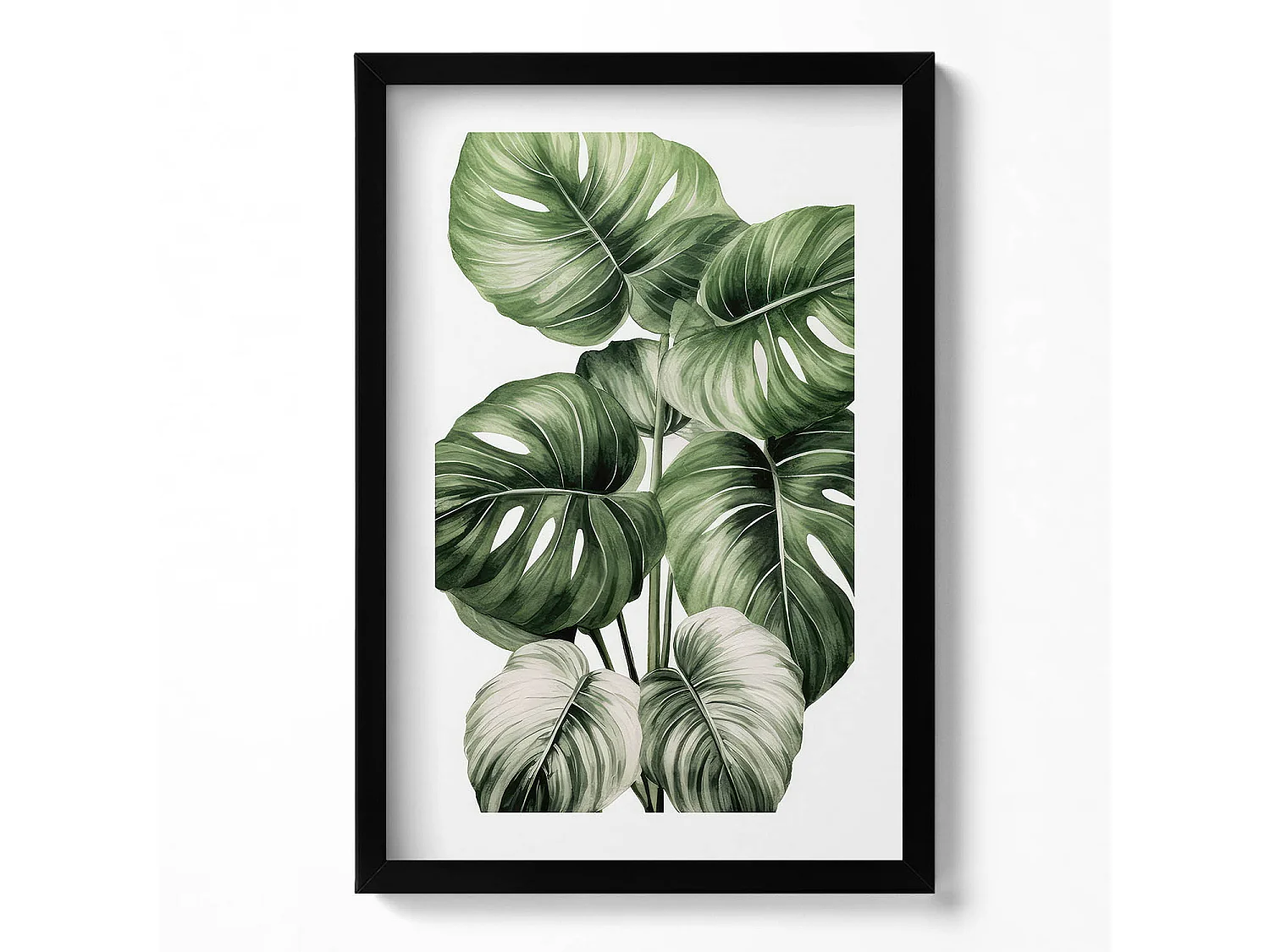 Dekoratives Gemälde mit schwarzem Rahmen, bemalte Monstera-Blätter 40 x 60 cm – perfekt für das Wohn- oder Schlafzimmer
