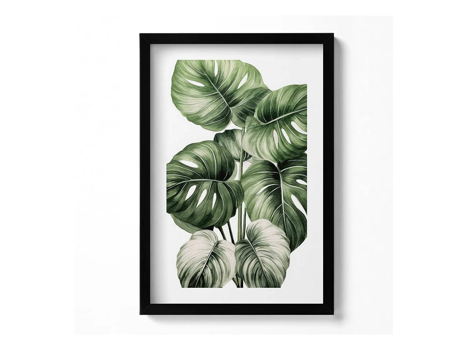 Quadro decorativo con cornice nera, foglie di monstera dipinte 40 x 60 cm – Perfetto per il soggiorno o la camera da letto