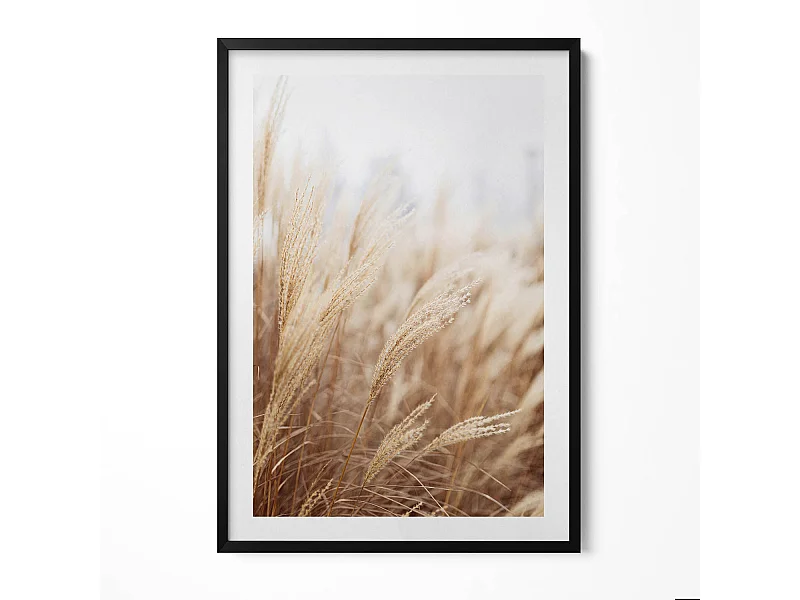 Tableau décoratif avec cadre noir, Céréales d'herbe de bohème nature 70 x 100 cm– Parfait pour le salon ou la chambre