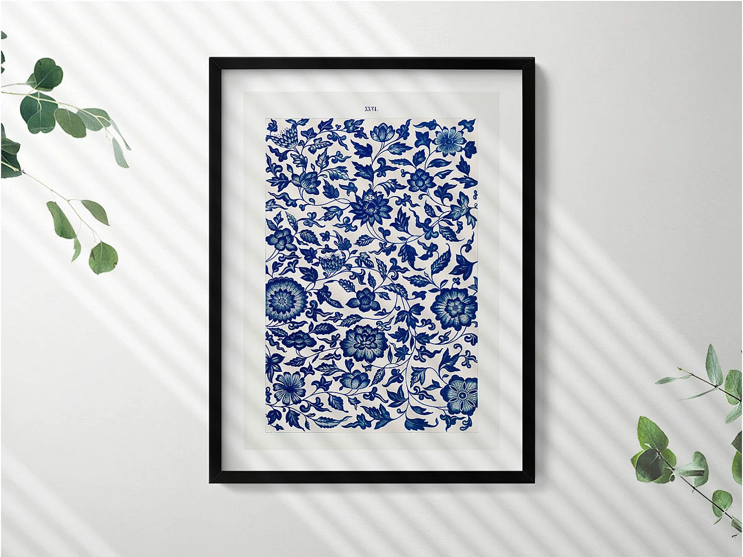 Tableau décoratif avec cadre noir, Motif floral vintage 60 x 80 cm– Parfait pour le salon ou la chambre