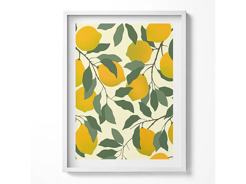 Dekoratives Gemälde mit weißem Rahmen, Illustration von Zitronen 60 x 80 cm – Perfekt für das Wohn- oder Schlafzimmer