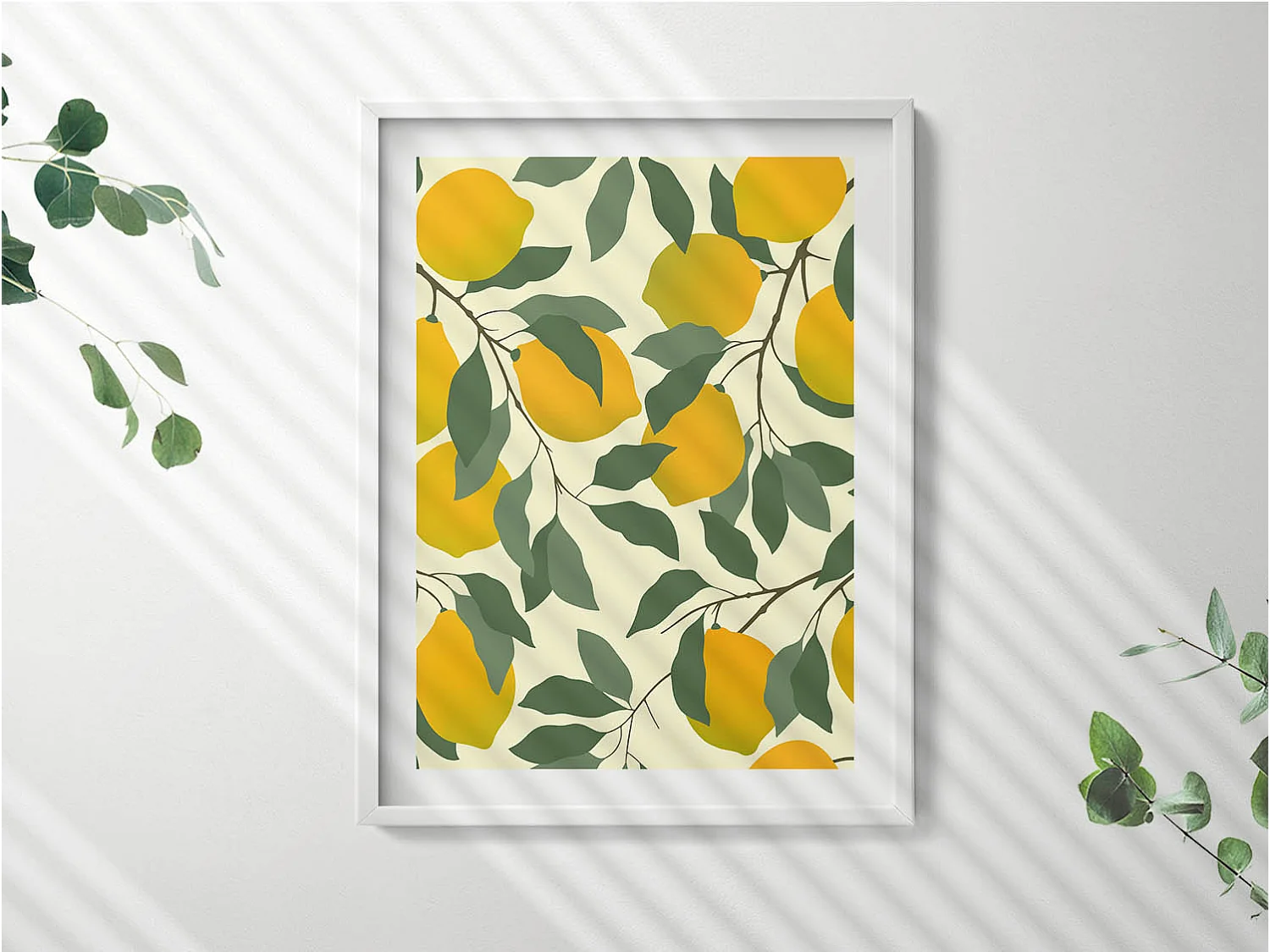 Decoratief schilderij met witte lijst, Illustratie van citroenen 60 x 80 cm – Perfect voor de woon- of slaapkamer