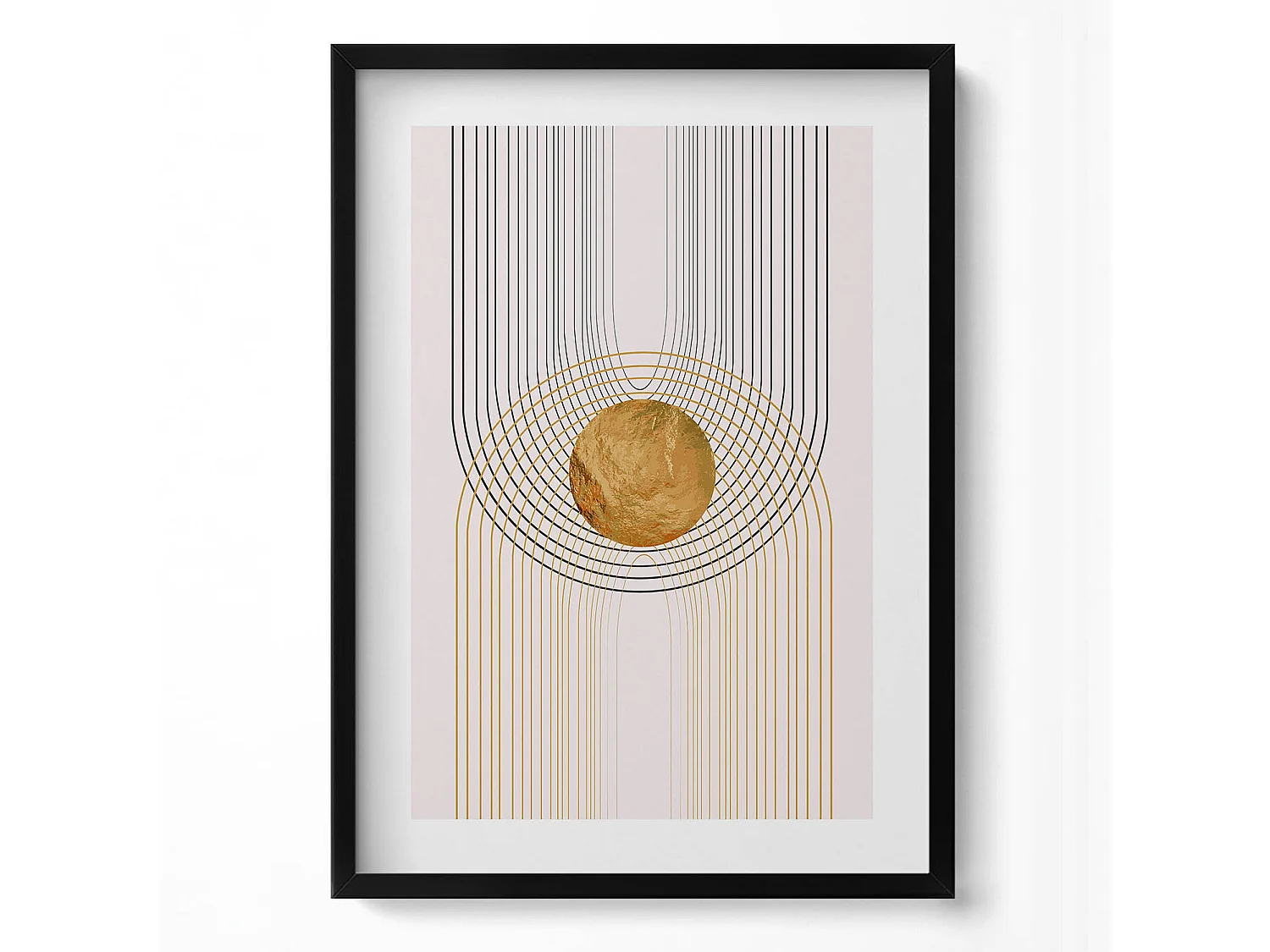 Dekoratives Gemälde mit schwarzem Rahmen, fließende goldene Formen auf beigem Hintergrund, 50 x 70 cm – perfekt für das Wohn- oder Schlafzimmer