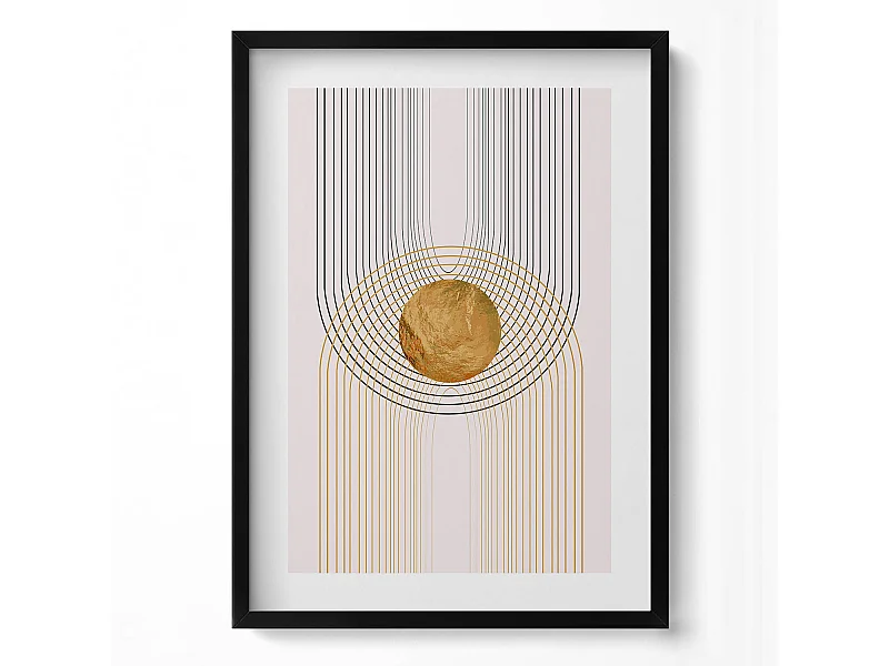 Dekoratives Gemälde mit schwarzem Rahmen, fließende goldene Formen auf beigem Hintergrund, 50 x 70 cm – perfekt für das Wohn- oder Schlafzimmer