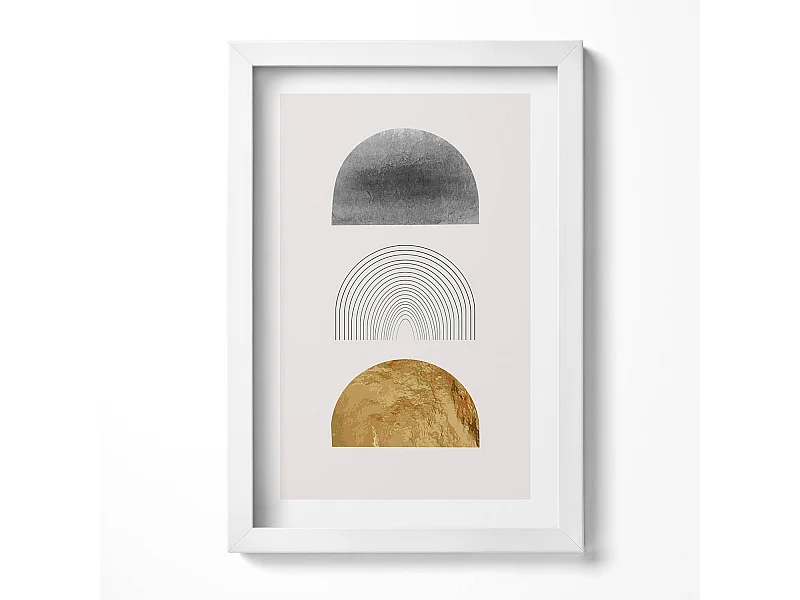 Tableau décoratif avec cadre blanc, Formes bohèmes avec de l'or 20 x 30 cm – Parfait pour le salon ou la chambre