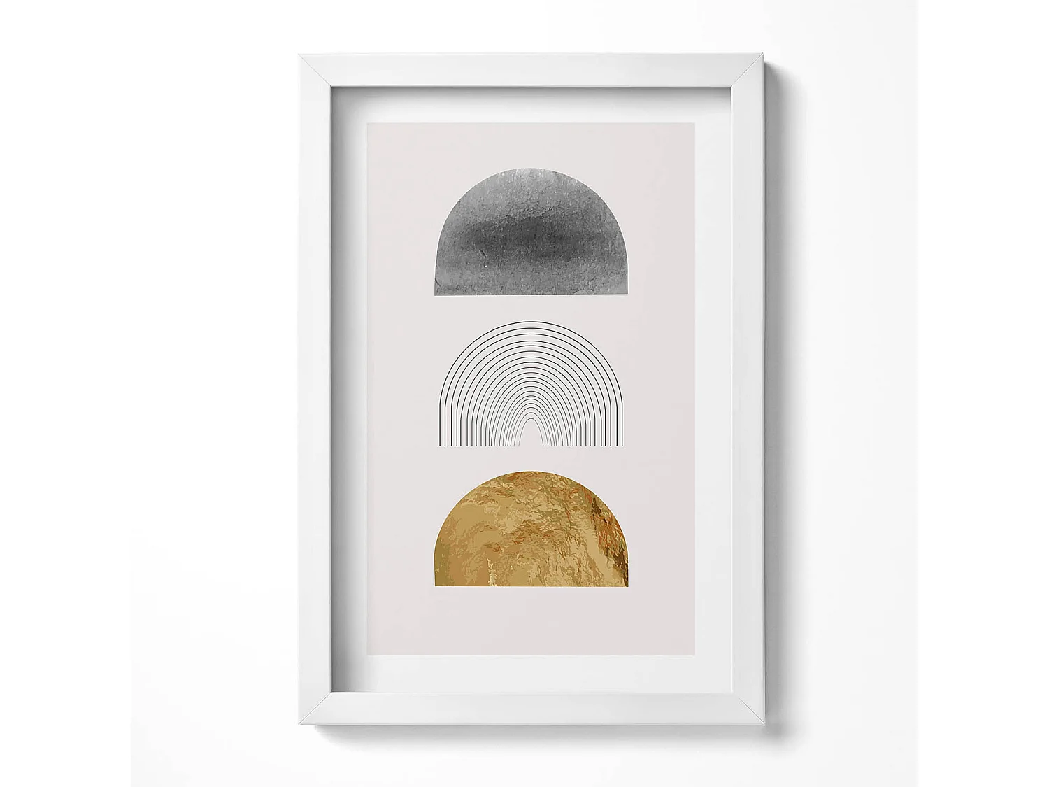 Tableau décoratif avec cadre blanc, Formes bohèmes avec de l'or 20 x 30 cm – Parfait pour le salon ou la chambre