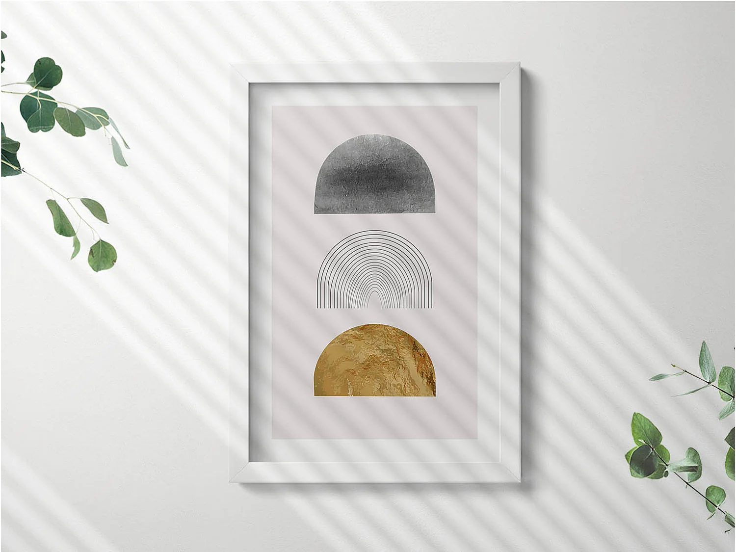 Tableau décoratif avec cadre blanc, Formes bohèmes avec de l'or 20 x 30 cm – Parfait pour le salon ou la chambre