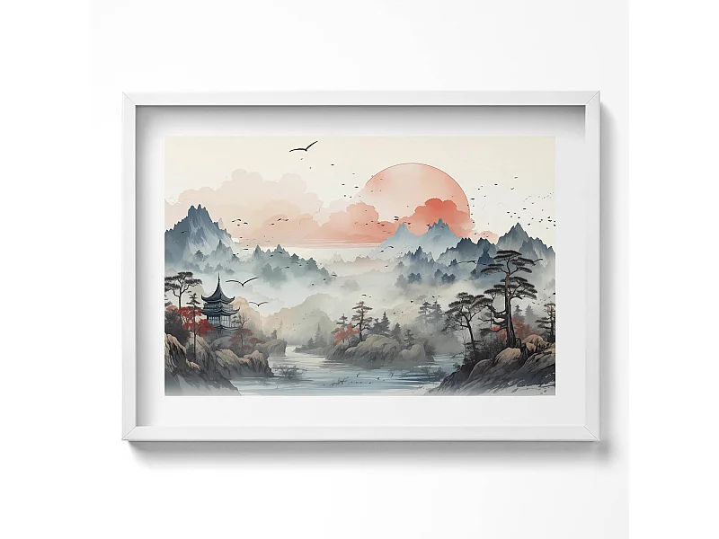 Dekoratives Gemälde mit weißem Rahmen, Bergwaldlandschaft 70 x 50 cm – Perfekt für das Wohn- oder Schlafzimmer