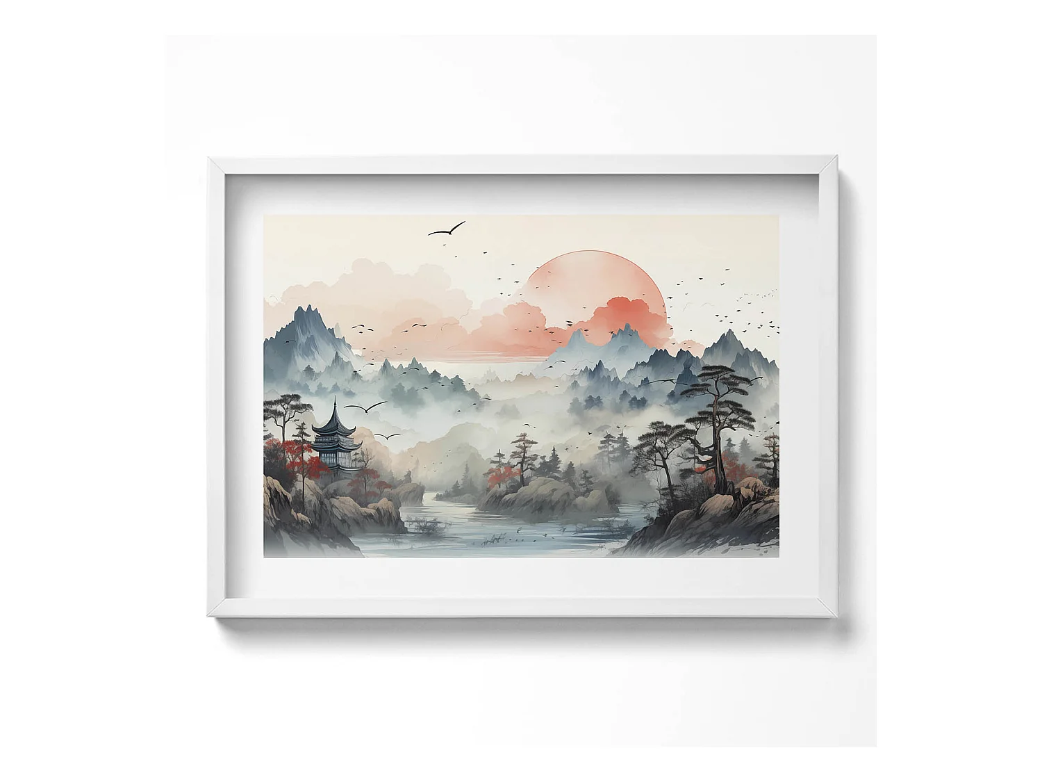 Tableau décoratif avec cadre blanc, Paysage forestier de montagne 70 x 50 cm– Parfait pour le salon ou la chambre