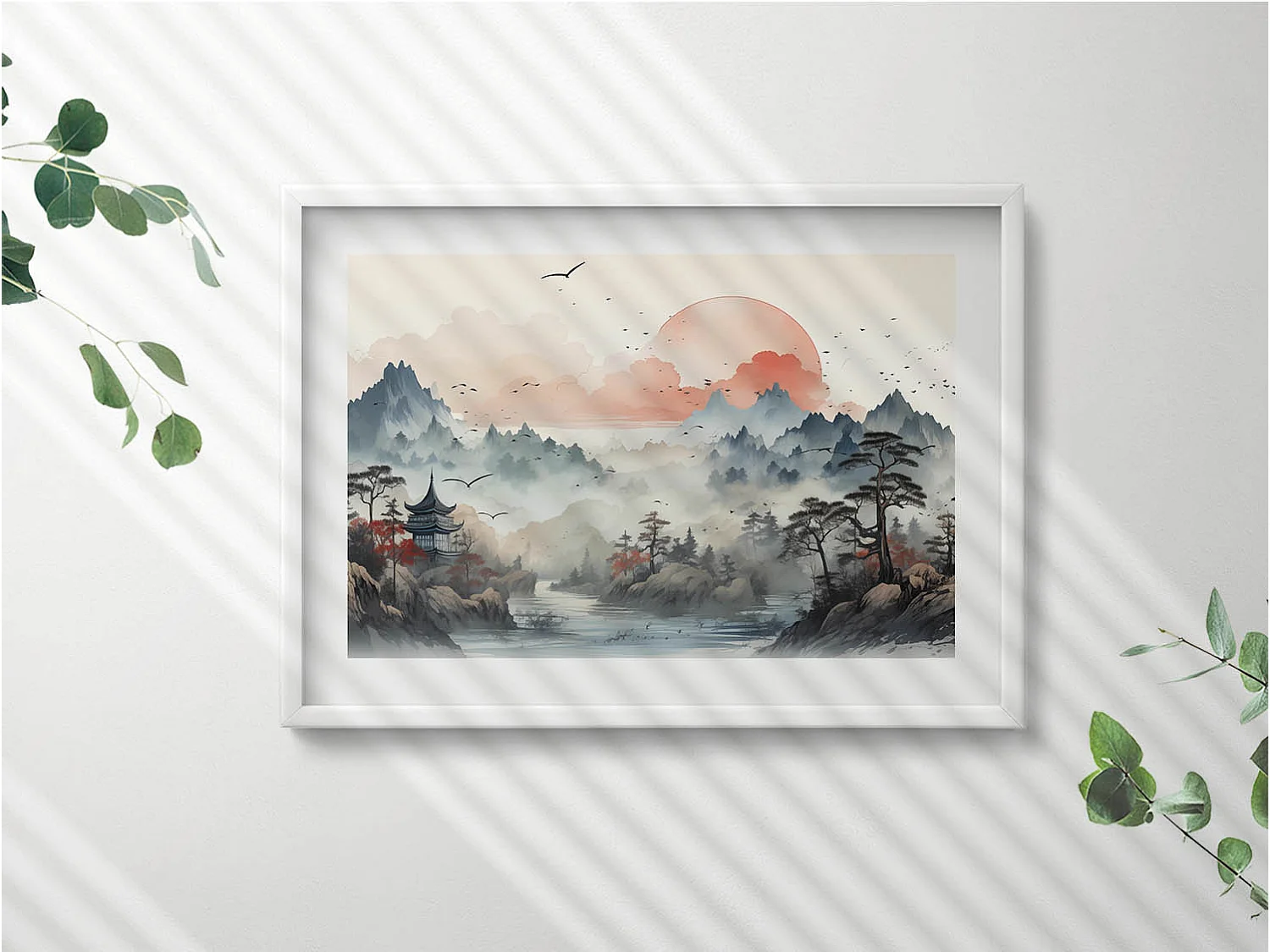 Tableau décoratif avec cadre blanc, Paysage forestier de montagne 70 x 50 cm– Parfait pour le salon ou la chambre