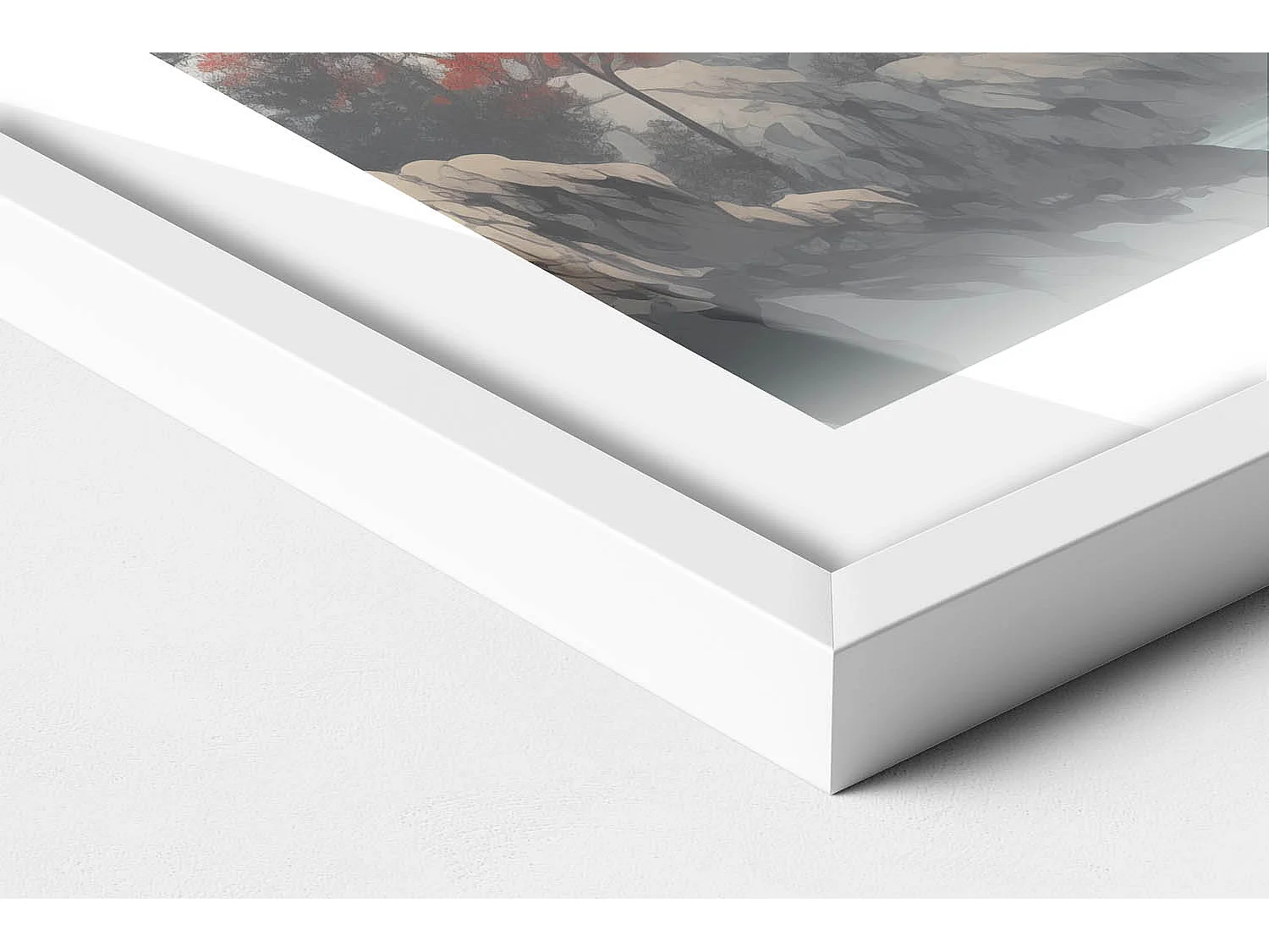 Tableau décoratif avec cadre blanc, Paysage forestier de montagne 70 x 50 cm– Parfait pour le salon ou la chambre