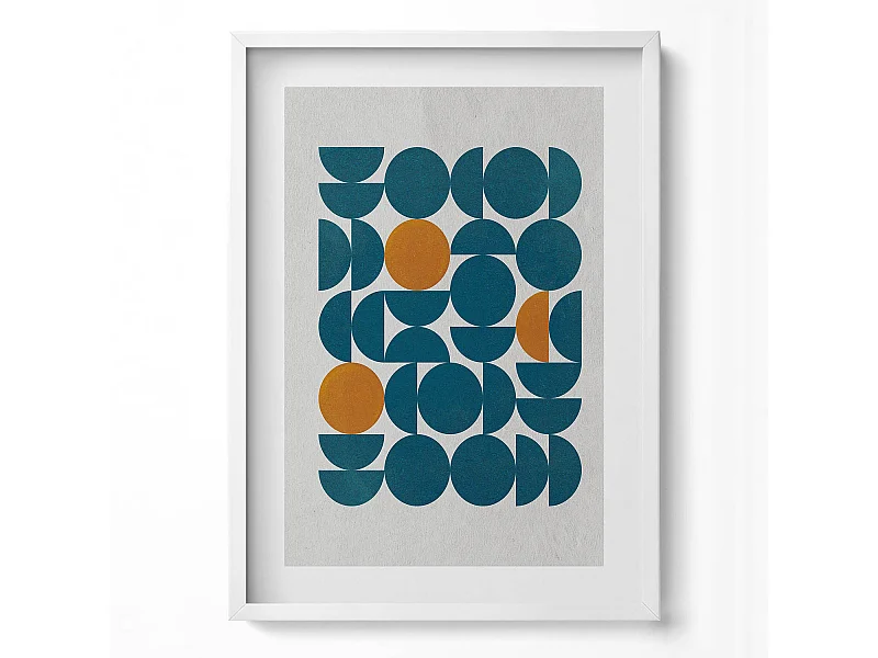 Decoratief schilderij met witte lijst, Geometrische compositie 50 x 70 cm – Perfect voor de woon- of slaapkamer