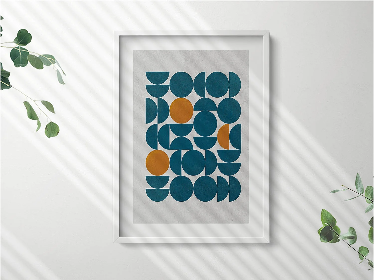 Decoratief schilderij met witte lijst, Geometrische compositie 50 x 70 cm – Perfect voor de woon- of slaapkamer