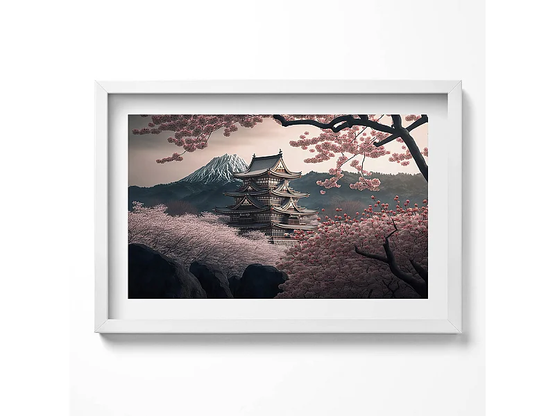 Dekoratives Gemälde mit weißem Rahmen, asiatischem Turm und Kirschblüten 60 x 40 cm – Perfekt für das Wohn- oder Schlafzimmer