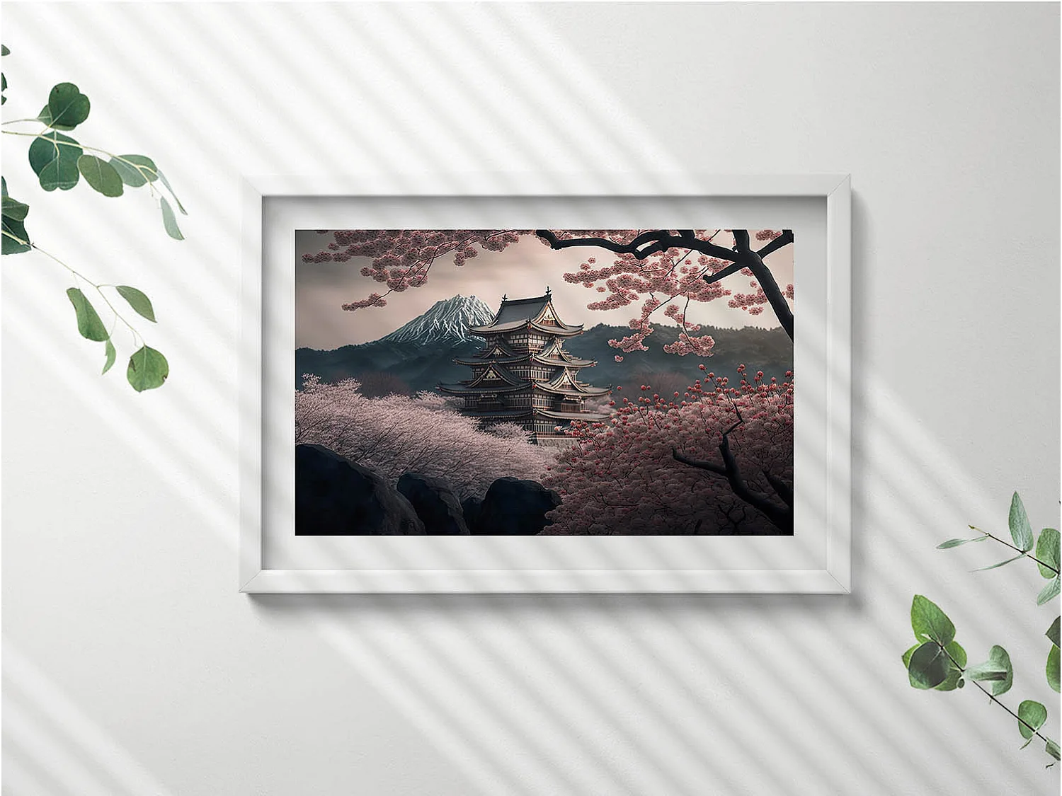 Tableau décoratif avec cadre blanc, Tour asiatique et fleurs de cerisier 60 x 40 cm– Parfait pour le salon ou la chambre