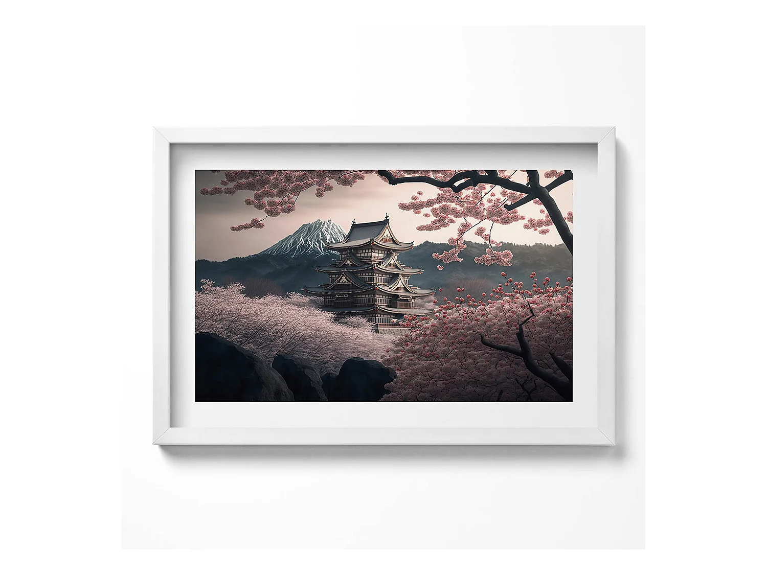 Quadro decorativo con cornice bianca, torre asiatica e fiori di ciliegio 60 x 40 cm – Perfetto per il soggiorno o la camera da letto