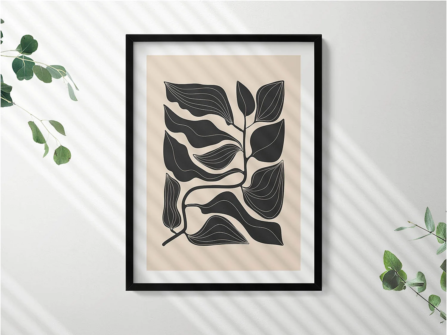 Tableau décoratif avec cadre noir, Plantes minimalistes 60 x 80 cm– Parfait pour le salon ou la chambre