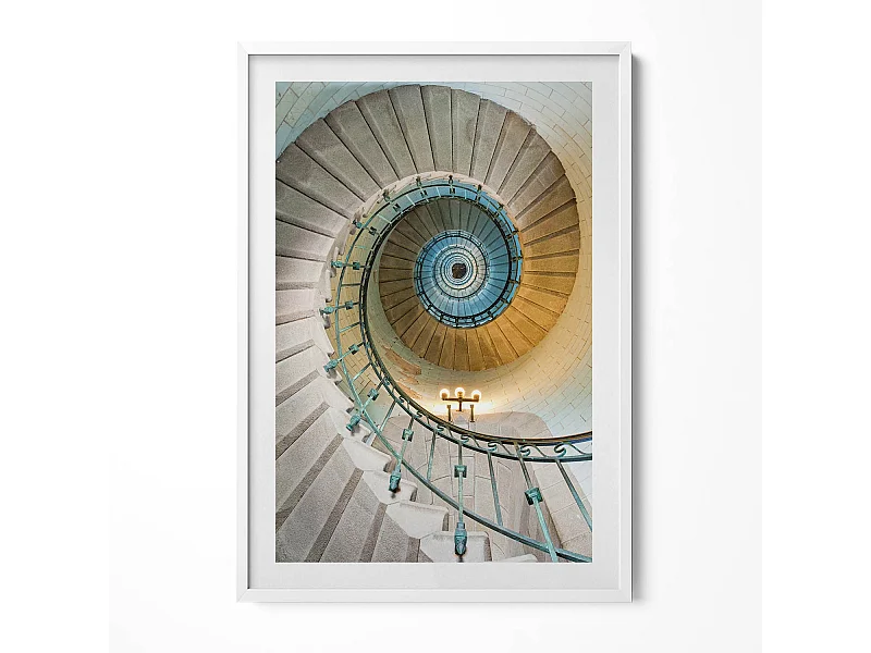 Tableau décoratif avec cadre blanc, Escalier en colimaçon 70 x 100 cm– Parfait pour le salon ou la chambre