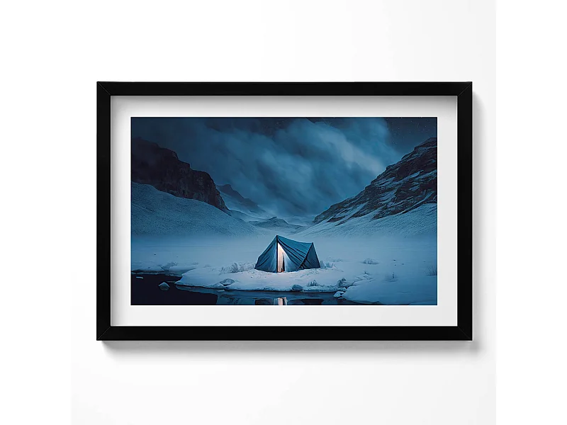 Dekoratives Gemälde mit schwarzem Rahmen, Zelt in den Bergen Islands 60 x 40 cm – Perfekt für das Wohn- oder Schlafzimmer