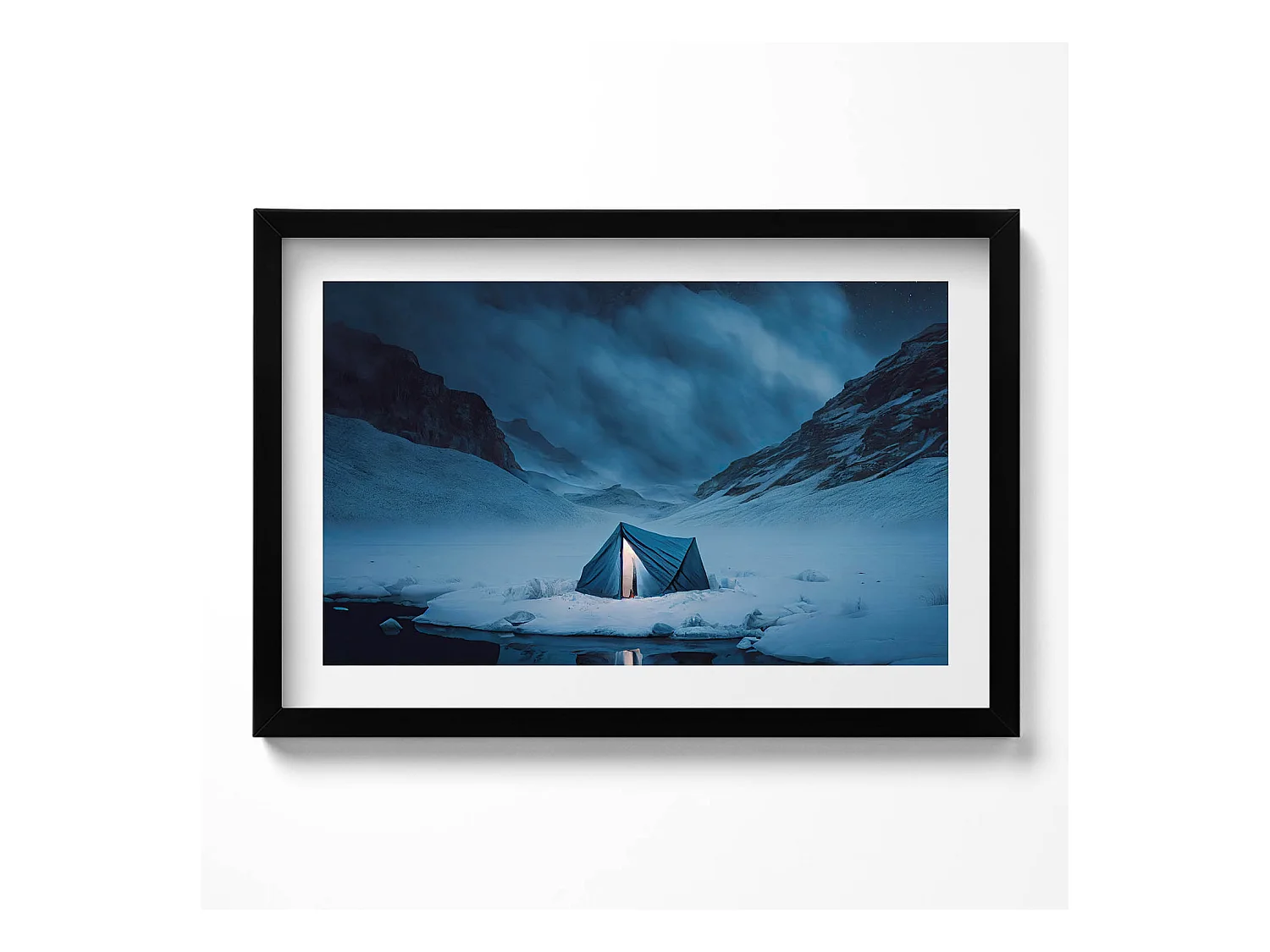 Tableau décoratif avec cadre noir, Tente dans les montagnes d'Islande 60 x 40 cm– Parfait pour le salon ou la chambre