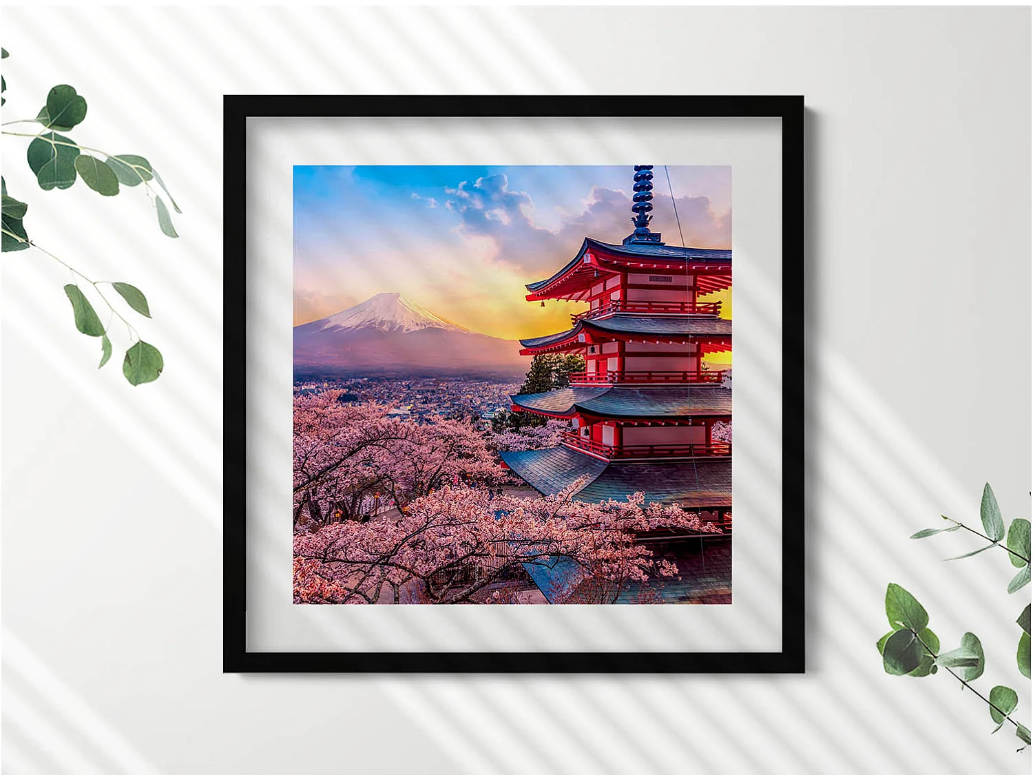 Tableau décoratif avec cadre noir, Plantes minimalistes et soleil bohème 50 x 50 cm – Parfait pour le salon ou la chambre