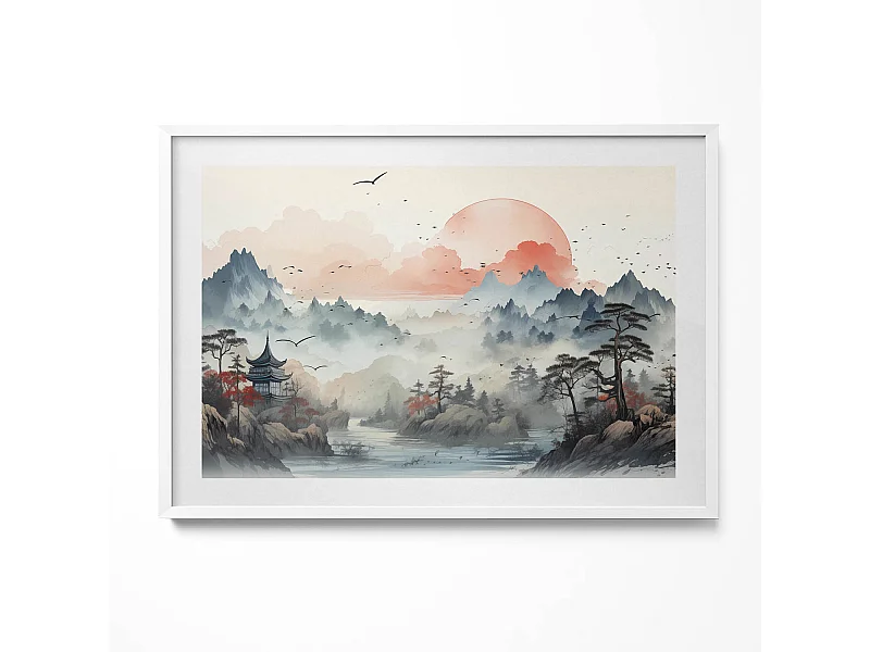 Decoratief schilderij met witte lijst, Bergboslandschap 100 x 70 cm – Perfect voor de woon- of slaapkamer