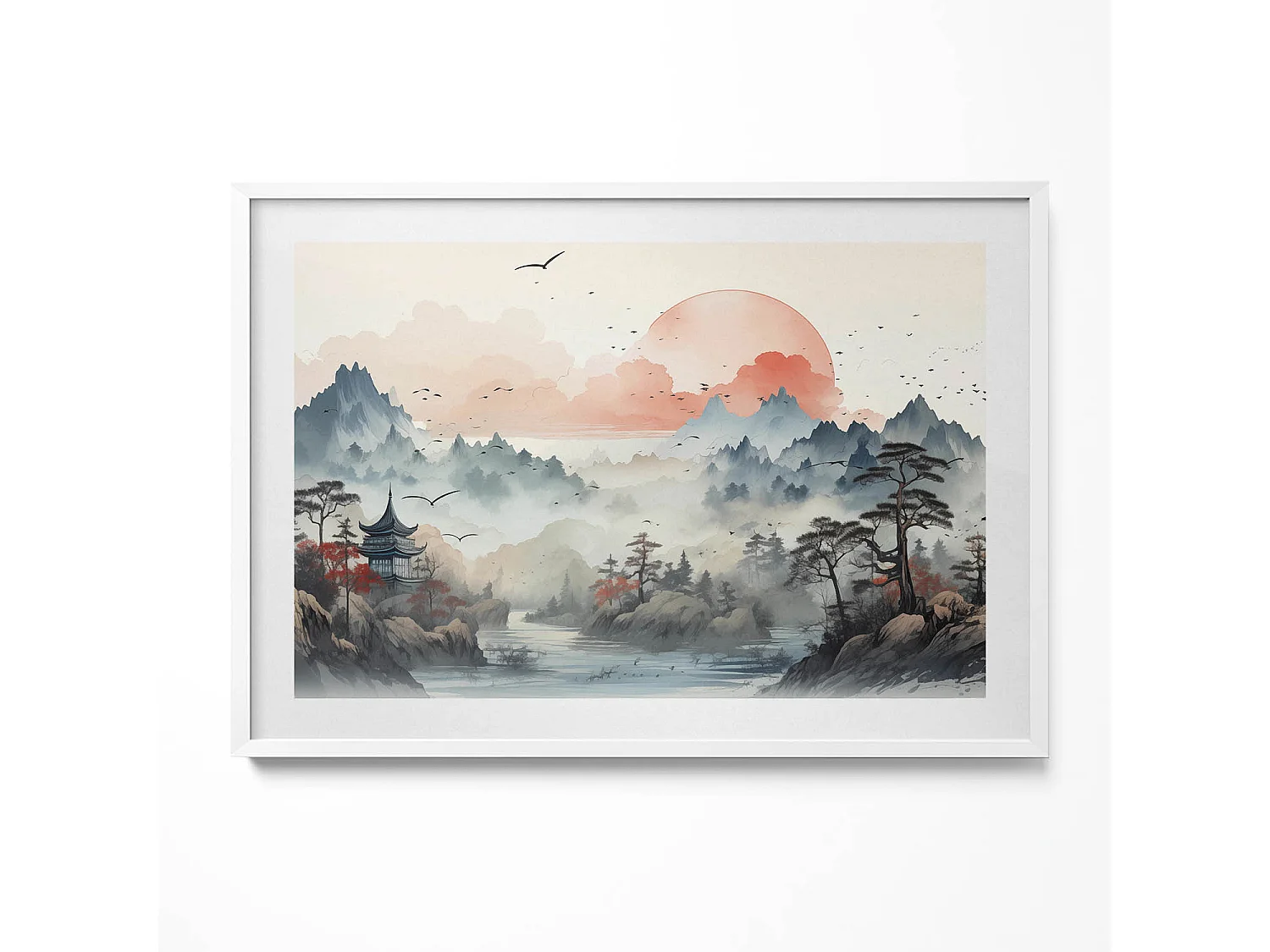 Dekoratives Gemälde mit weißem Rahmen, Bergwaldlandschaft 100 x 70 cm – Perfekt für das Wohn- oder Schlafzimmer