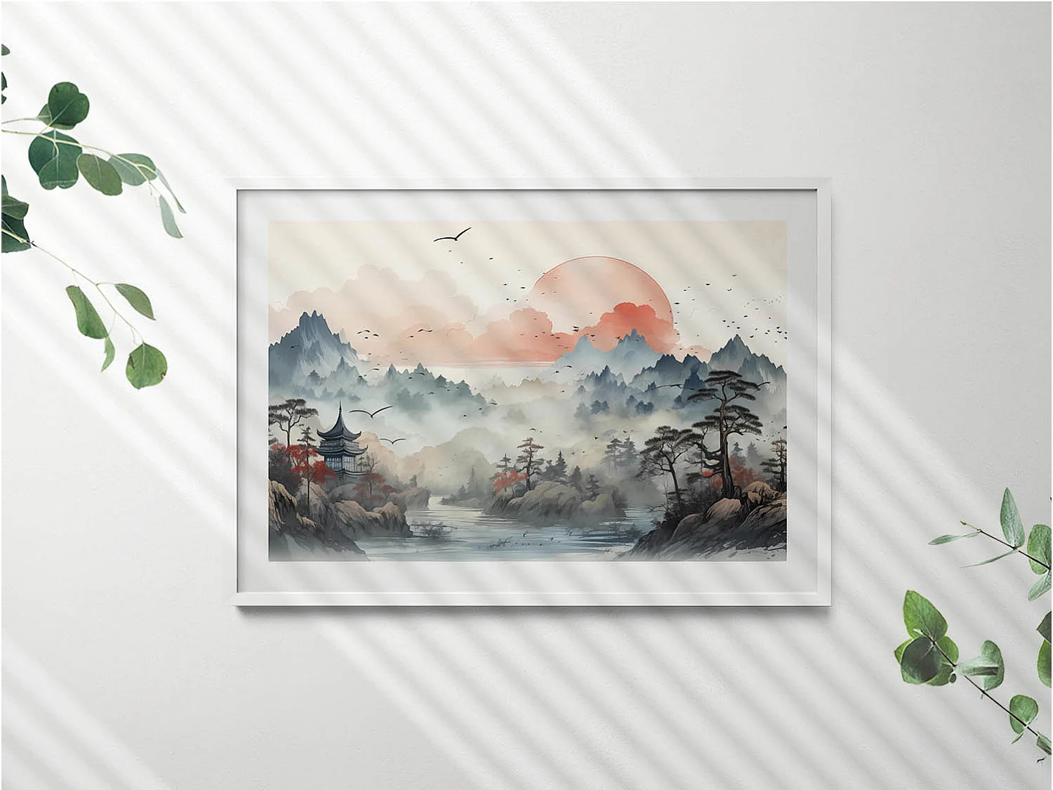 Dekoratives Gemälde mit weißem Rahmen, Bergwaldlandschaft 100 x 70 cm – Perfekt für das Wohn- oder Schlafzimmer