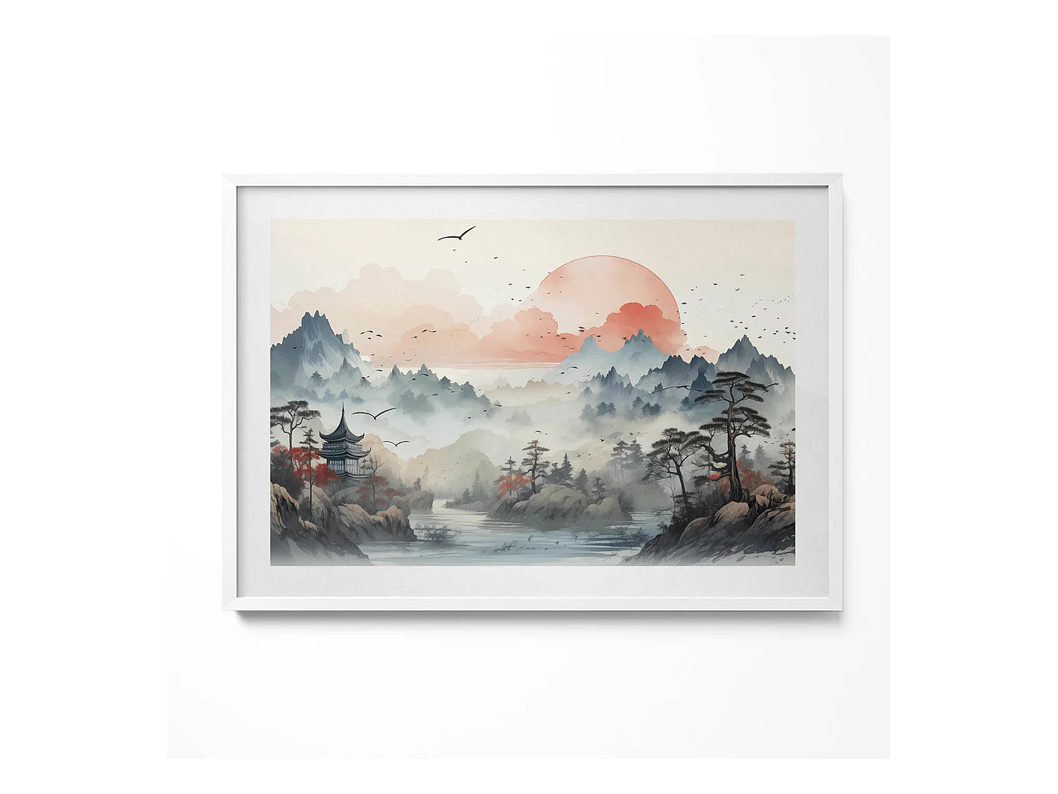 Tableau décoratif avec cadre blanc, Paysage forestier de montagne 100 x 70 cm– Parfait pour le salon ou la chambre