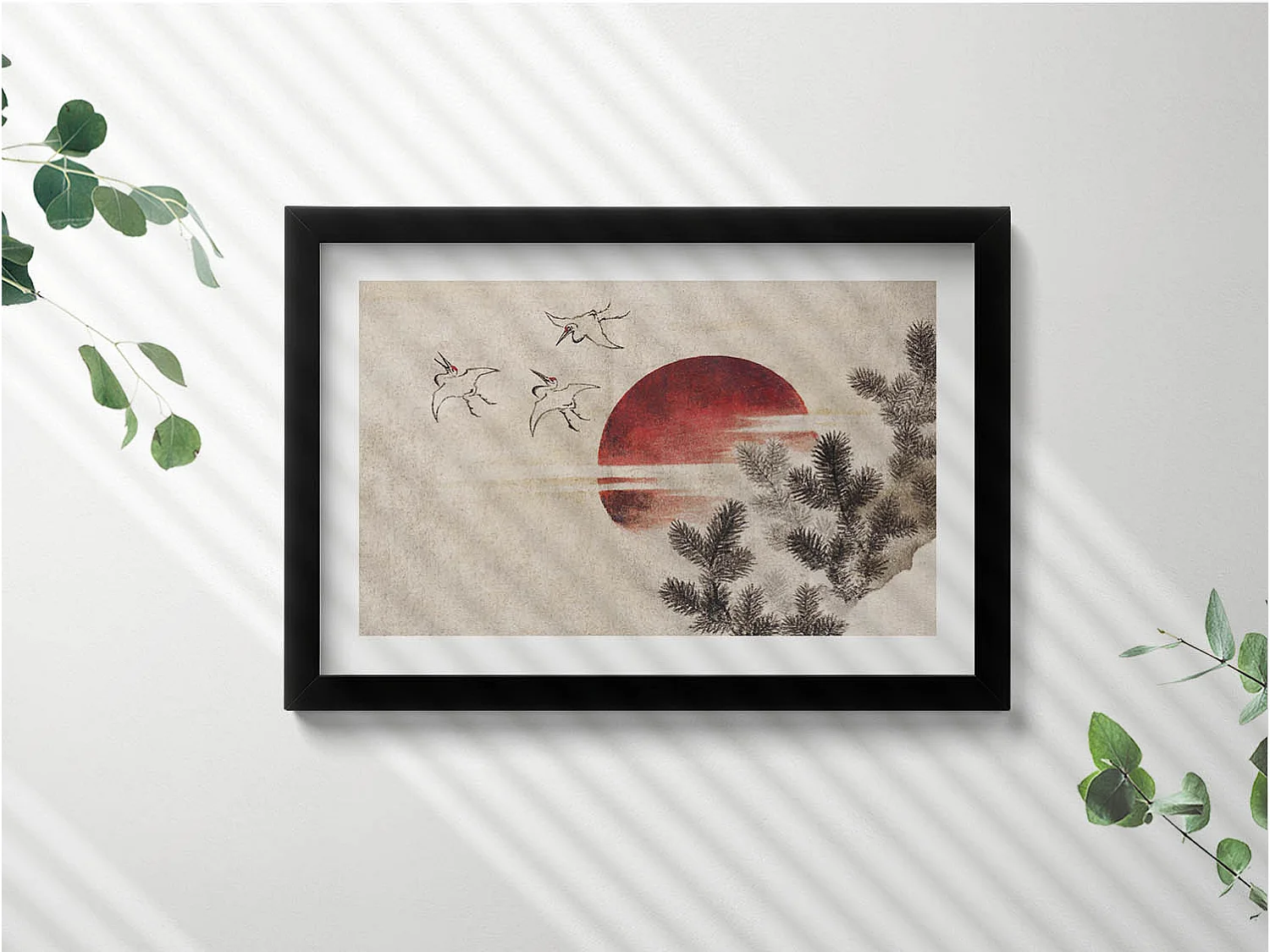 Tableau décoratif avec cadre noir, Art japonais du soleil couchant 30 x 20 cm – Parfait pour le salon ou la chambre