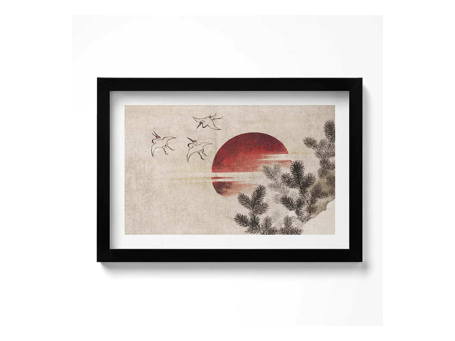 Tableau décoratif avec cadre noir, Art japonais du soleil couchant 30 x 20 cm – Parfait pour le salon ou la chambre