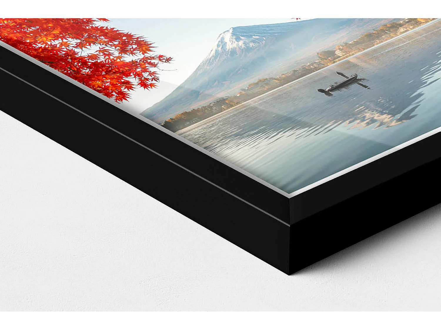 Dekoratives Gemälde mit schwarzem Rahmen, Landschaft des Fuji unter dem roten Baum 20 x 30 cm – Perfekt für das Wohn- oder Schlafzimmer