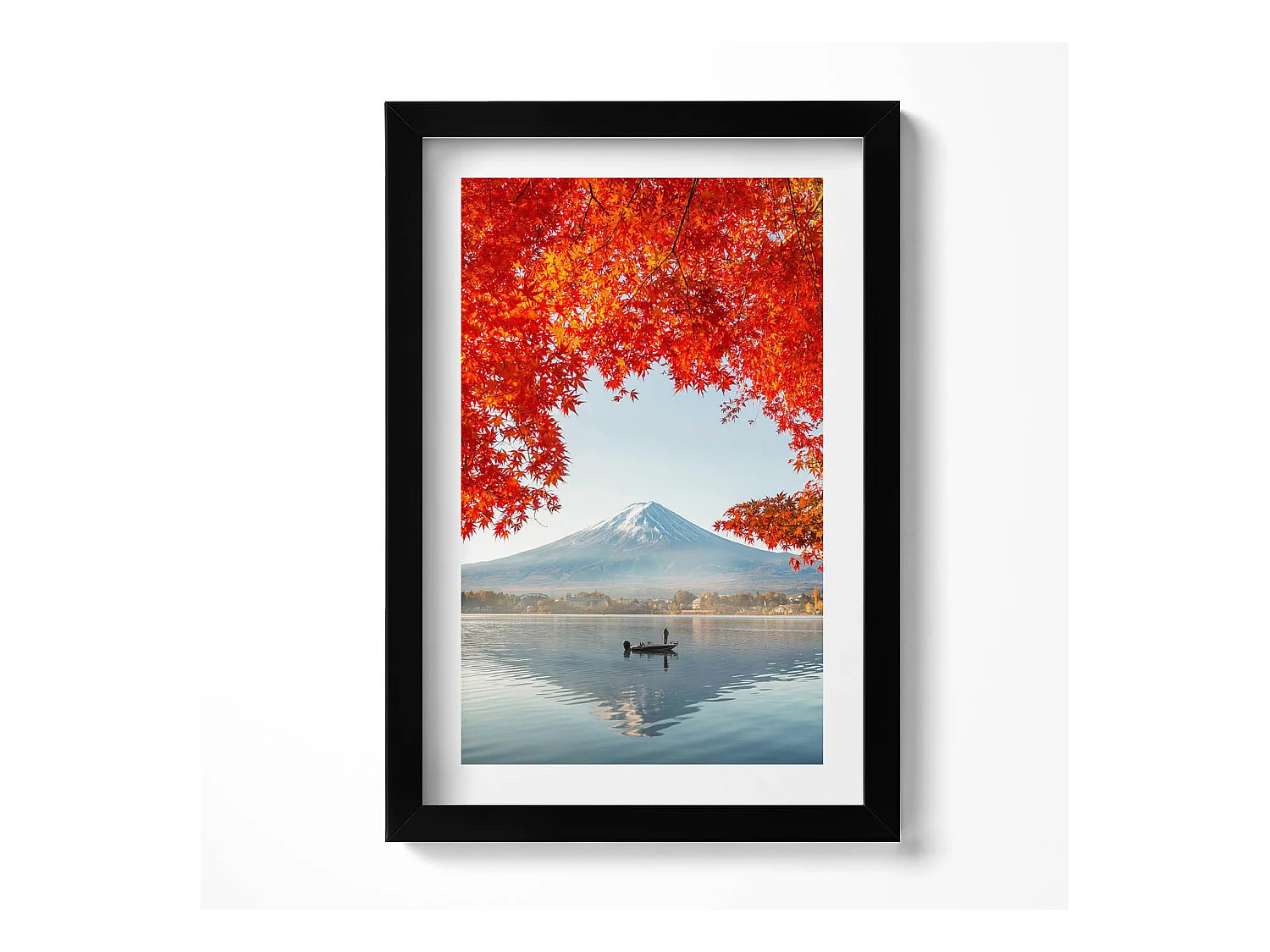 Tableau décoratif avec cadre noir, Paysage du Mont Fuji sous l'arbre rouge 20 x 30 cm – Parfait pour le salon ou la chambre