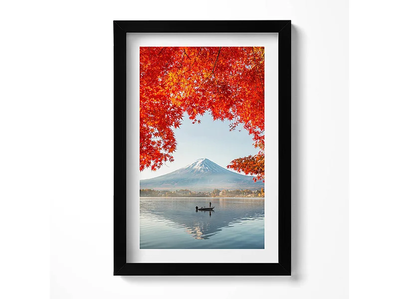 Dekoratives Gemälde mit schwarzem Rahmen, Landschaft des Fuji unter dem roten Baum 20 x 30 cm – Perfekt für das Wohn- oder Schlafzimmer